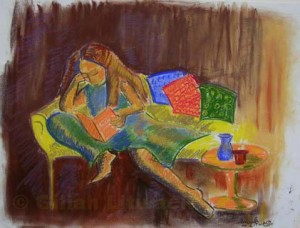 "Curling Up With a Book", pastel on paper